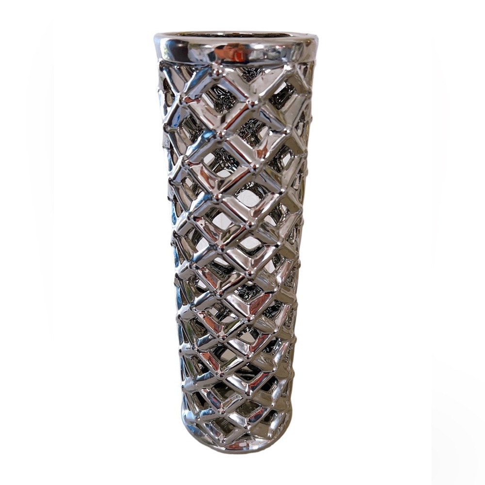 Modern Silver Chrome Cutout Ceramic Decorative Vase